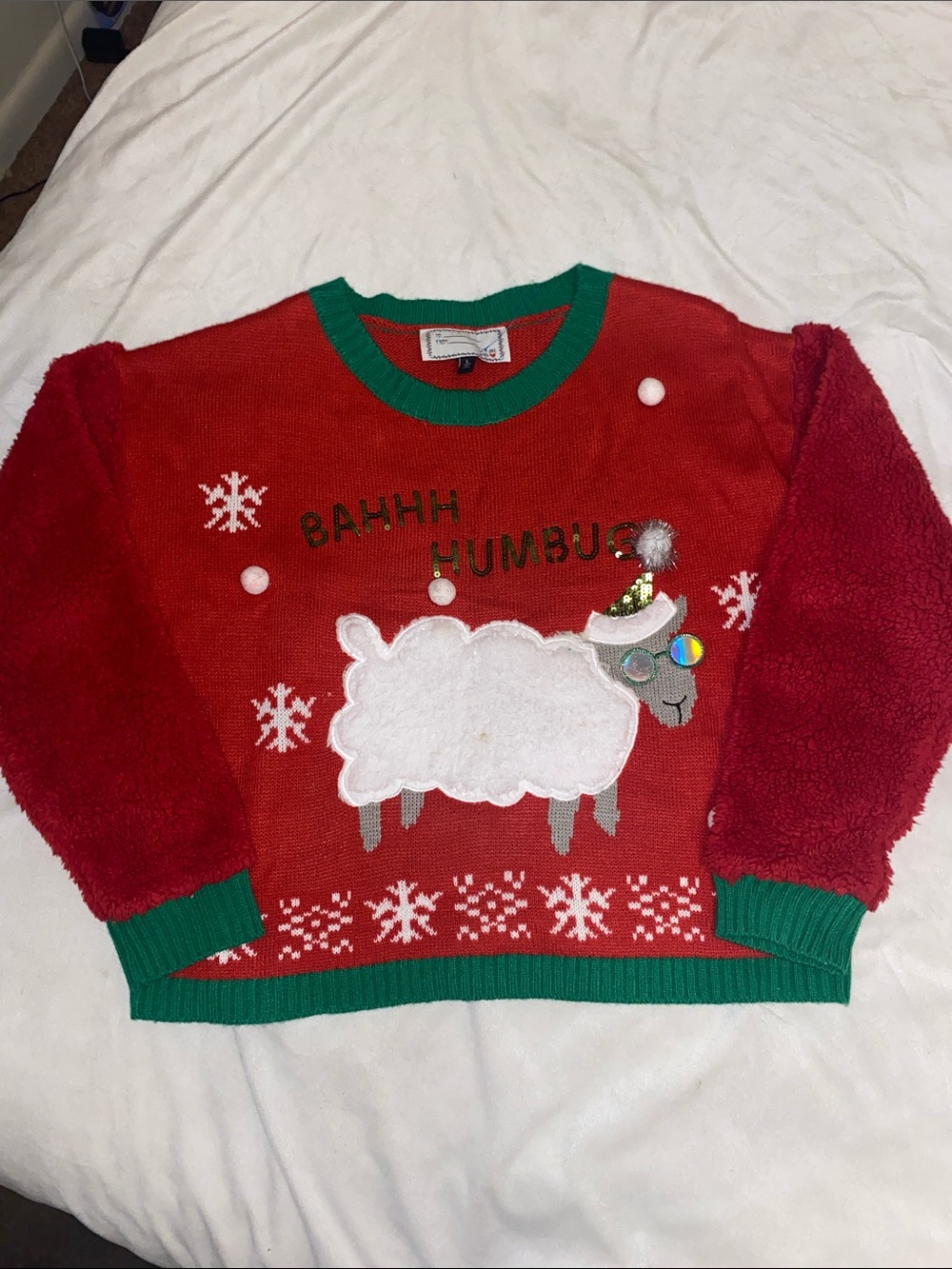 Derek Heart Red Bahhh Humbug Sheep Ugly Christmas Sweater L